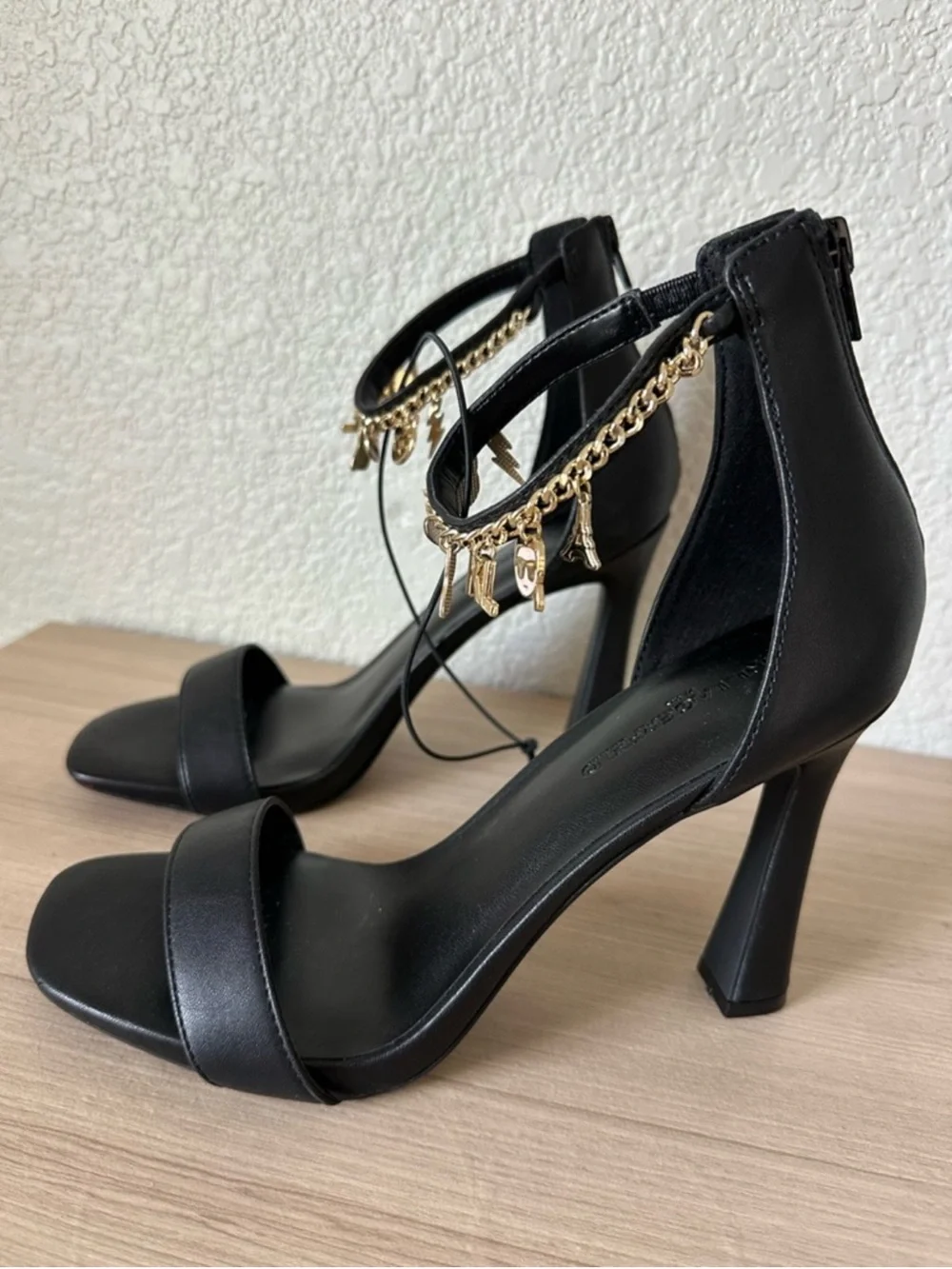 Karl Lagerfeld Black High Heel Ankle-Strap Shoes with Gold Charm Chain